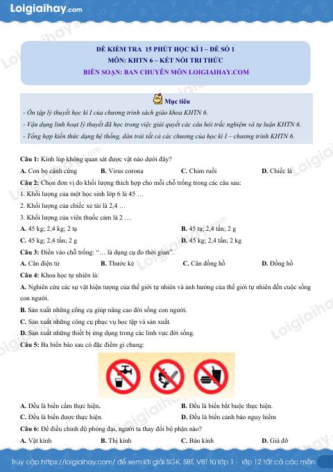 Đề kiểm tra 15 phút hk1 - đề số 1 Khoa học tự nhiên 6 có lời giải chi tiết